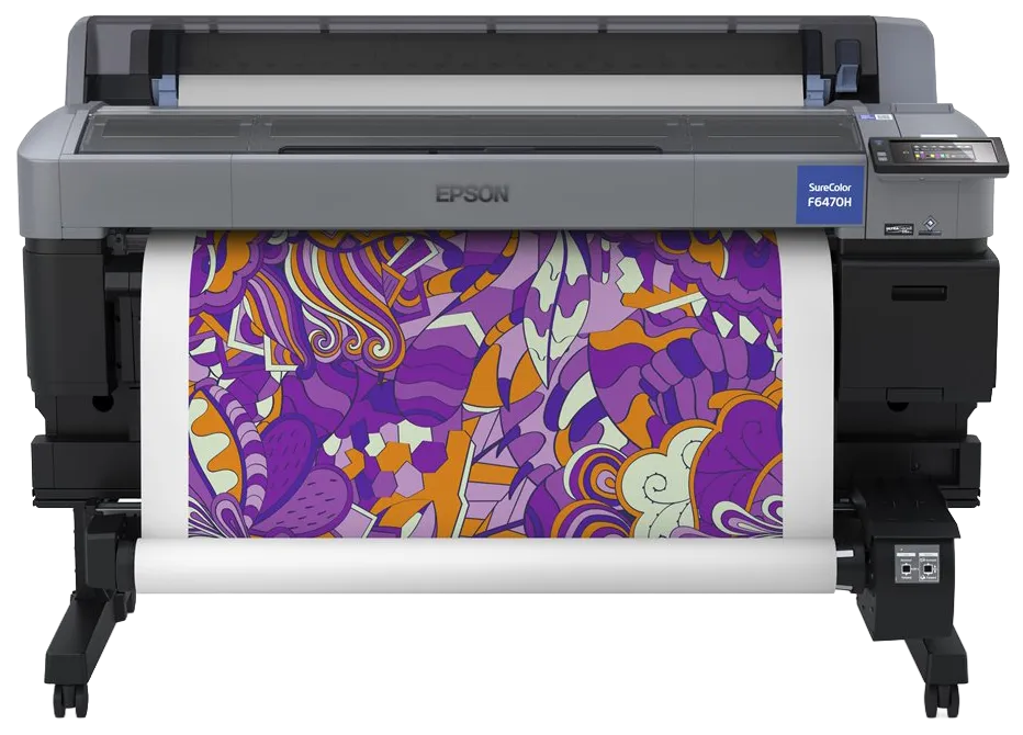 Epson SureColor F6470H dye-sublimation printer producing colorful printed material